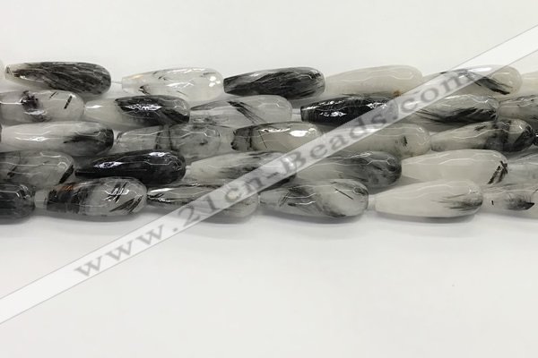 CTR156 15.5 inches 10*30mm faceted teardrop black rutilated quartz beads