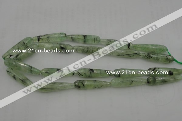 CTR43 15.5 inches 10*40mm faceted teardrop green rutilated quartz beads