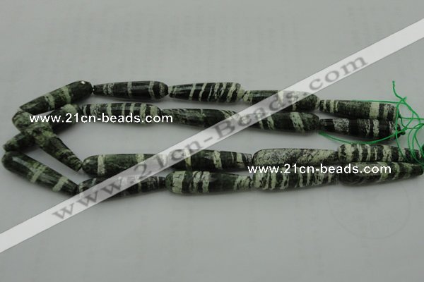 CTR53 15.5 inches 10*40mm faceted teardrop green silver line jasper beads