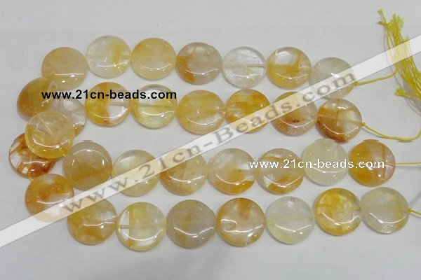 CYC07 15.5 inches 25mm flat round yellow crystal quartz beads