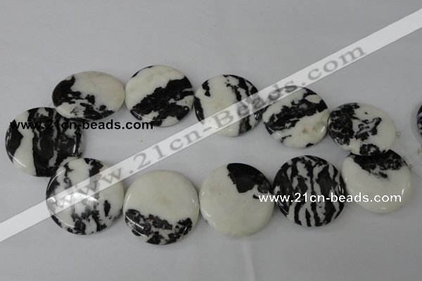 CZJ225 15.5 inches 35mm flat round black & white zebra jasper beads