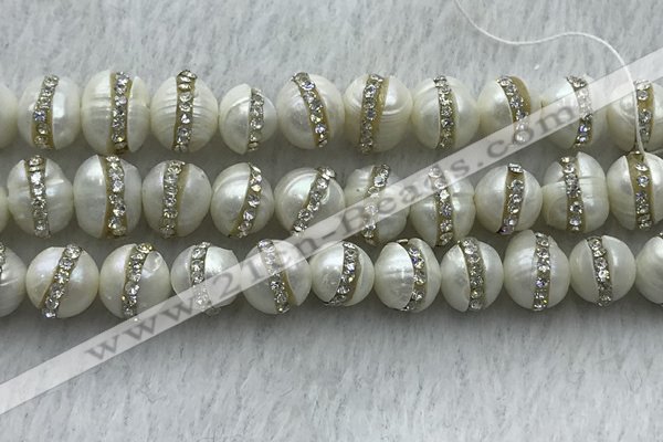 FWP345 9mm - 10mm potato white freshwater pearl with rhinestone beads