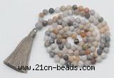 GMN1005 Hand-knotted 8mm, 10mm matte bamboo leaf agate 108 beads mala necklaces with tassel