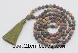 GMN1009 Hand-knotted 8mm, 10mm matte picasso jasper 108 beads mala necklaces with tassel