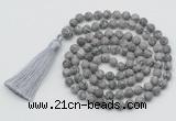 GMN1012 Hand-knotted 8mm, 10mm matte grey picture jasper 108 beads mala necklaces with tassel