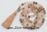 GMN1022 Hand-knotted 8mm, 10mm matte volcano cherry quartz 108 beads mala necklaces with tassel