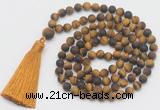 GMN1032 Hand-knotted 8mm, 10mm matte yellow tiger eye 108 beads mala necklace with tassel