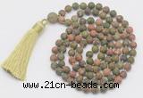 GMN1036 Hand-knotted 8mm, 10mm matte unakite 108 beads mala necklace with tassel