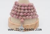 GMN1159 Hand-knotted 8mm, 10mm pink wooden jasper 108 beads mala necklaces with charm