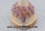 GMN1235 Hand-knotted 8mm, 10mm amethyst & citrine 108 beads mala necklaces with charm