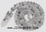 GMN1457 Hand-knotted 8mm, 10mm cloudy quartz 108 beads mala necklace with pendant