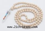 GMN1554 Knotted 8mm, 10mm white fossil jasper 108 beads mala necklace with pendant