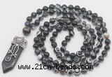 GMN1560 Knotted 8mm, 10mm black banded agate 108 beads mala necklace with pendant