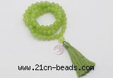 GMN1740 Hand-knotted 8mm candy jade 108 beads mala necklace with tassel & charm
