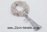 GMN1751 Knotted 8mm, 10mm montana agate 108 beads mala necklace with tassel & charm