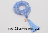 GMN1753 Knotted 8mm, 10mm blue banded agate 108 beads mala necklace with tassel & charm