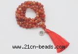 GMN1757 Knotted 8mm, 10mm red banded agate 108 beads mala necklace with tassel & charm