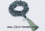 GMN1761 Knotted 8mm, 10mm moss agate 108 beads mala necklace with tassel & charm