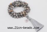 GMN1764 Knotted 8mm, 10mm silver needle agate 108 beads mala necklace with tassel & charm