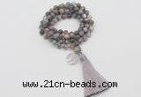 GMN1765 Knotted 8mm, 10mm Botswana agate 108 beads mala necklace with tassel & charm