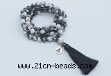 GMN1772 Knotted 8mm, 10mm black & white jasper 108 beads mala necklace with tassel & charm