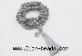 GMN1774 Knotted 8mm, 10mm grey picture jasper 108 beads mala necklace with tassel & charm