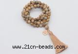 GMN1775 Knotted 8mm, 10mm picture jasper 108 beads mala necklace with tassel & charm