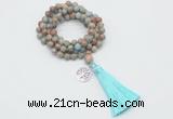 GMN1781 Knotted 8mm, 10mm serpentine jasper 108 beads mala necklace with tassel & charm