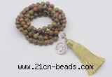 GMN1789 Knotted 8mm, 10mm unakite 108 beads mala necklace with tassel & charm