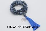 GMN1798 Knotted 8mm, 10mm dumortierite 108 beads mala necklace with tassel & charm