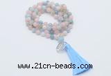 GMN1806 Knotted 8mm, 10mm morganite 108 beads mala necklace with tassel & charm