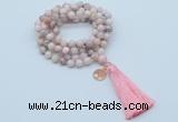 GMN1807 Knotted 8mm, 10mm natural pink opal 108 beads mala necklace with tassel & charm