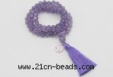 GMN1821 Knotted 8mm, 10mm amethyst 108 beads mala necklace with tassel & charm