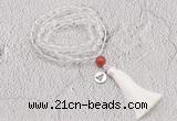 GMN1822 Knotted 8mm, 10mm white crystal 108 beads mala necklace with tassel & charm