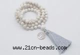 GMN1838 Knotted 8mm, 10mm white howlite 108 beads mala necklace with tassel & charm
