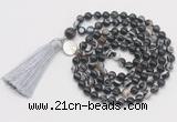 GMN1862 Knotted 8mm, 10mm black banded agate 108 beads mala necklace with tassel & charm