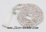 GMN1871 Knotted 8mm, 10mm white crazy agate 108 beads mala necklace with tassel & charm