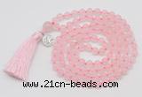 GMN1872 Knotted 8mm, 10mm rose quartz 108 beads mala necklace with tassel & charm