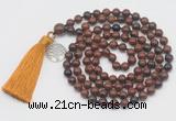 GMN1876 Knotted 8mm, 10mm mahogany obsidian 108 beads mala necklace with tassel & charm