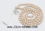 GMN1889 Knotted 8mm, 10mm white fossil jasper 108 beads mala necklace with tassel & charm