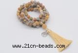 GMN2002 Knotted 8mm, 10mm matte yellow crazy agate 108 beads mala necklace with tassel & charm