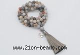 GMN2003 Knotted 8mm, 10mm matte bamboo leaf agate 108 beads mala necklace with tassel & charm