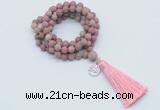 GMN2006 Knotted 8mm, 10mm matte pink fossil jasper 108 beads mala necklace with tassel & charm