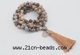 GMN2009 Knotted 8mm, 10mm matte zebra jasper 108 beads mala necklace with tassel & charm