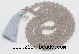 GMN2026 Knotted 8mm, 10mm matte grey agate 108 beads mala necklace with tassel & charm