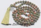 GMN2032 Knotted 8mm, 10mm matte unakite 108 beads mala necklace with tassel & charm