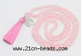 GMN2035 Knotted 8mm, 10mm matte rose quartz 108 beads mala necklace with tassel & charm