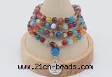 GMN2400 Hand-knotted 6mm colorful banded agate 108 beads mala necklace with charm