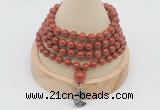 GMN2409 Hand-knotted 6mm red jasper 108 beads mala necklace with charm