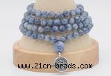 GMN2466 Hand-knotted 6mm blue spot stone 108 beads mala necklaces with charm